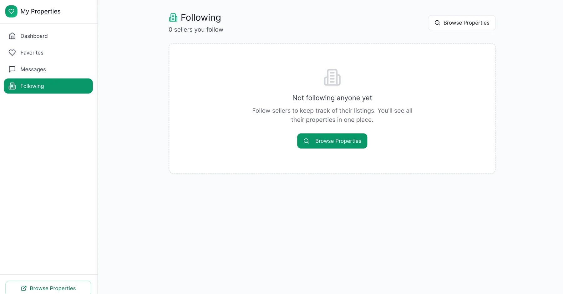 Buyer following page with empty state and browse properties action.