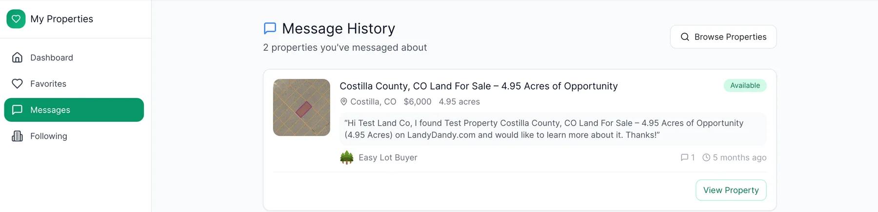 Buyer message history showing a property conversation card with message preview.