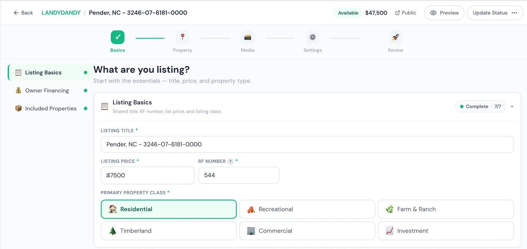 Seller listing basics form with title, price, RF number, and property class options.