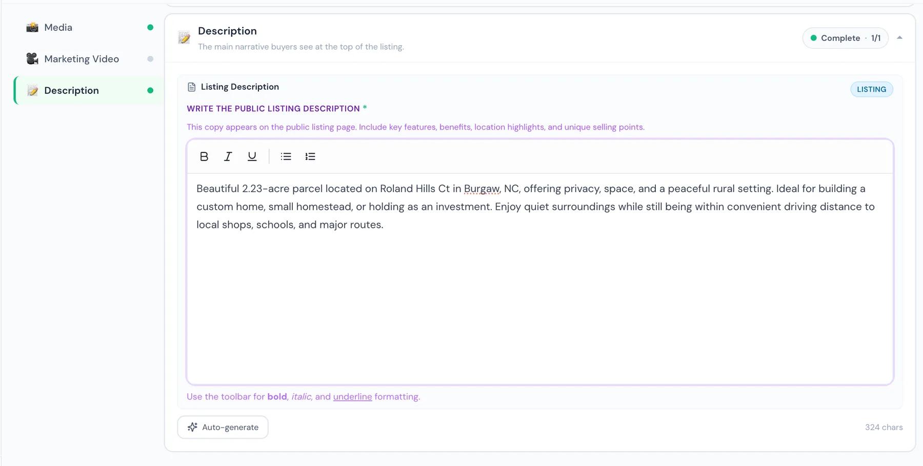 Seller listing description editor with formatting toolbar and public listing description text.