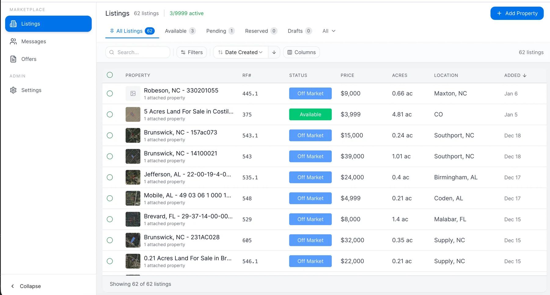 Seller listings dashboard with filters, listing status tabs, and add property button.