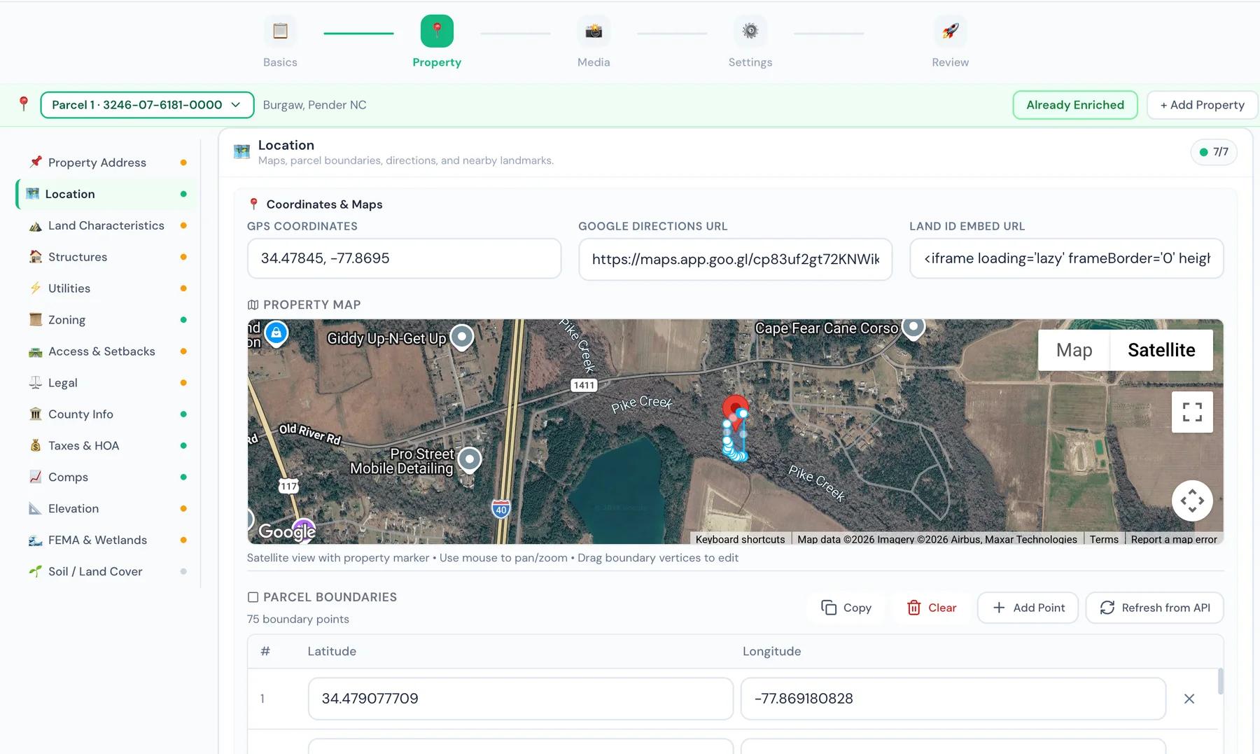 Seller location screen with map, parcel boundaries, GPS coordinates, and boundary points.