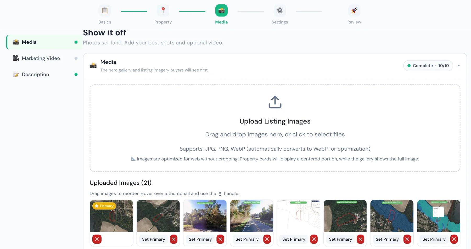 Seller media manager with image upload area and uploaded listing image thumbnails.