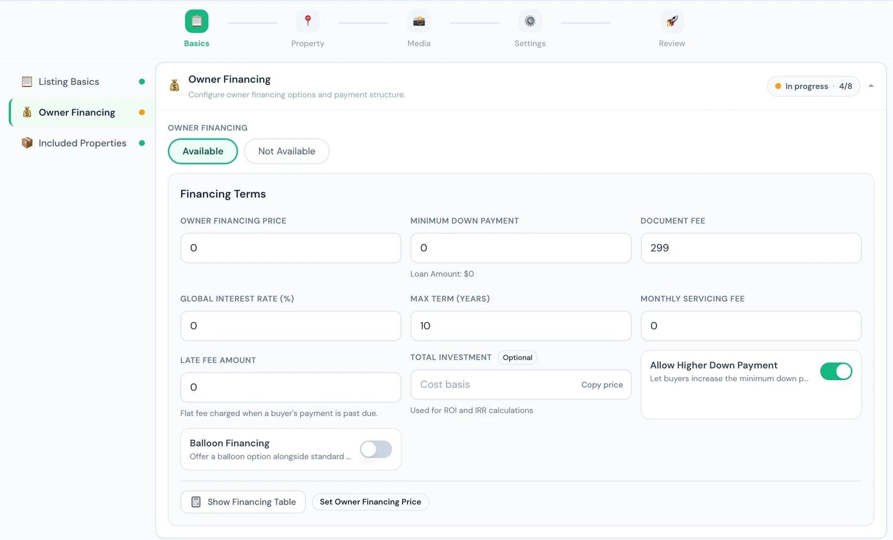 Seller owner financing settings with payment terms, fees, and availability controls.